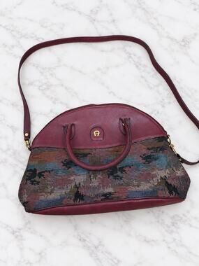 Vintage Etienne Aigner Crossbody Dome Style Tapestry and Maroon Leather Handbag
